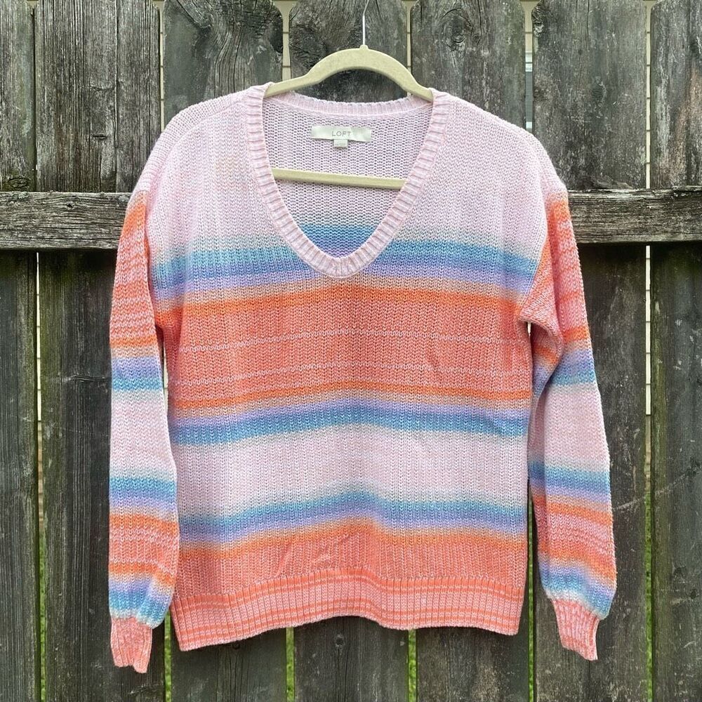 Loft‎ Pastel Striped V-Neck Sweater | XS